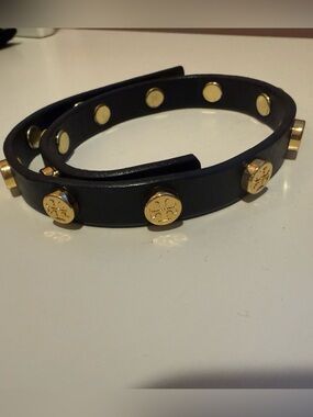 Tory Burch Black Leather Double-Wrap Bracelet with Gold Logo Studs